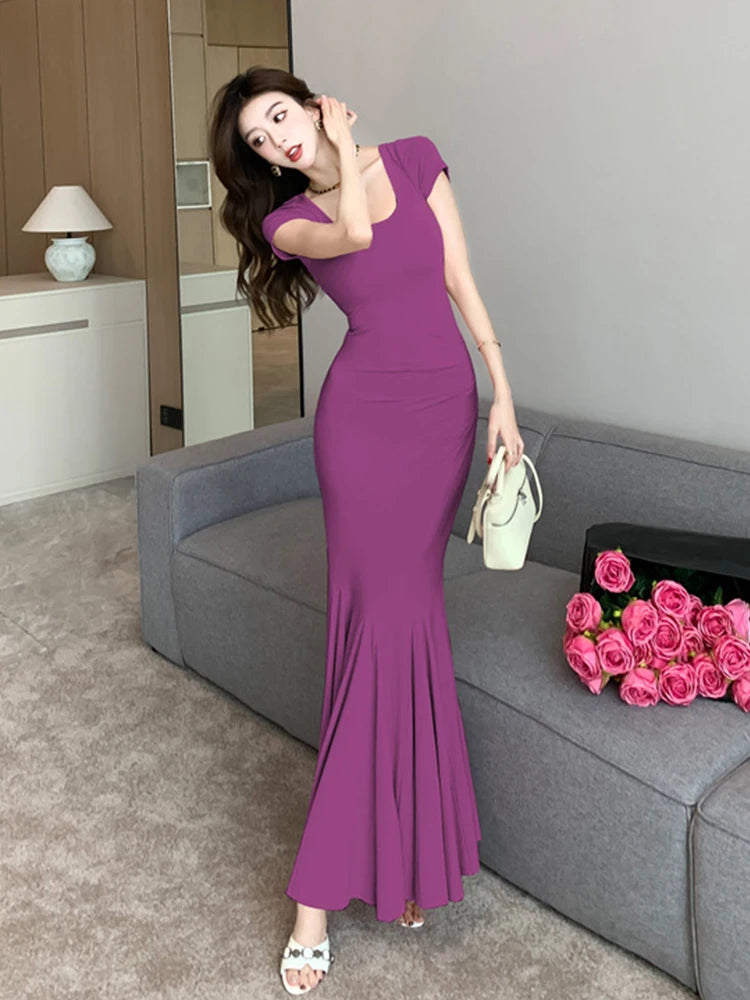 Summer Fashion Elegant Vacation Beach Mermaid Long Dress Women Clothes Sweet Short Sleeve Skinny Party Prom Vestidos Robe Femme