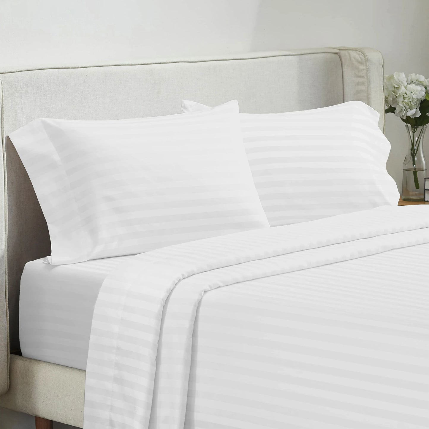 Battilo Bed Sheets 4 Pieces Set Luxury Fitted Flat Sheet with Pillowcases Solid Stripe Bedding Set For Twin Full Queen King Size