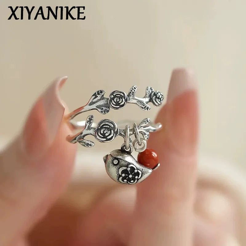 XIYANIK Vintage Red Bead Rose Flower Vine Bird Adjustable Finger Ring For Women Fashion New Jewelry Gift Party Wholesale anillos