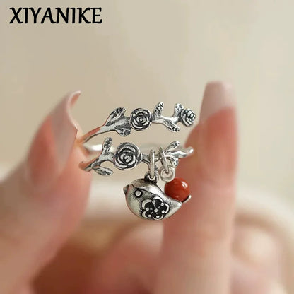 XIYANIK Vintage Red Bead Rose Flower Vine Bird Adjustable Finger Ring For Women Fashion New Jewelry Gift Party Wholesale anillos