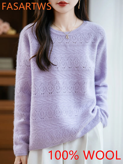 New Arrival Women's Hollow Out 100% Wool Knitted Sweater Round Neck Long Sleeve Slim Fit Breathable Pullover Versatile Daily Top