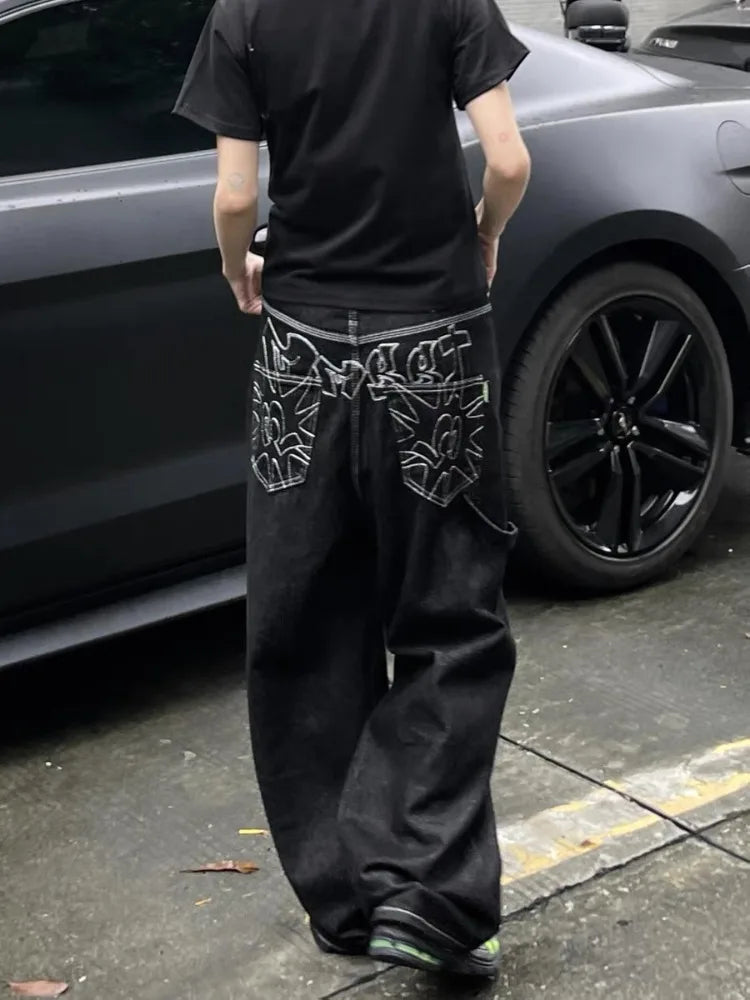 Gidyq Vintage Embroidery Jeans Women Y2K Black Oversized Streetwear Grunge Baggy Denim Trousers Boyfriend Jeans Hip Hop Gothic