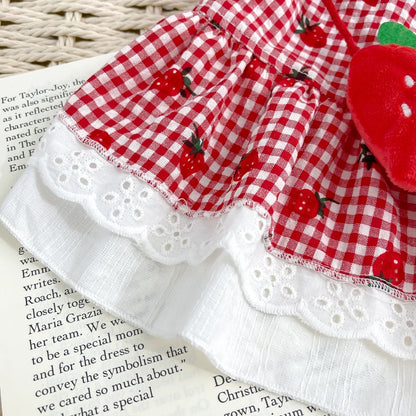 2025 New Puppy Clothes Dog Dress Plaid Maid Pet Costumes Red Pink Cat Strap Girl Female Pet Skirt Lace Summer Spring Puppy Wear