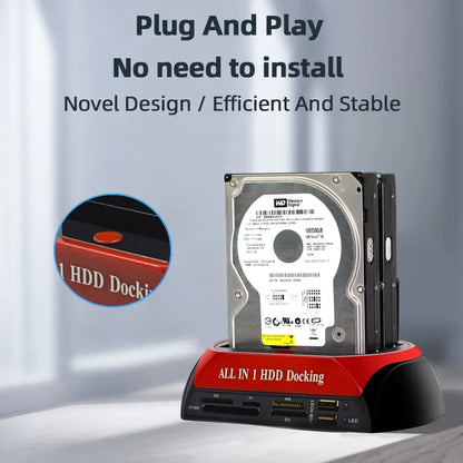 Hannord All in 1 HDD Docking Multifunc 2.5/3.5'' SATA Multi-Function HDD Docking Station IDE&SATA Hard Disk Base USB HUB Reader