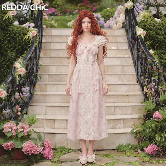 REDDACHiC Renaissance Women Party Gown Romantic Floral Bow Corset Square Neck Stitch Lace Long Dress Vintage Victorian Costume