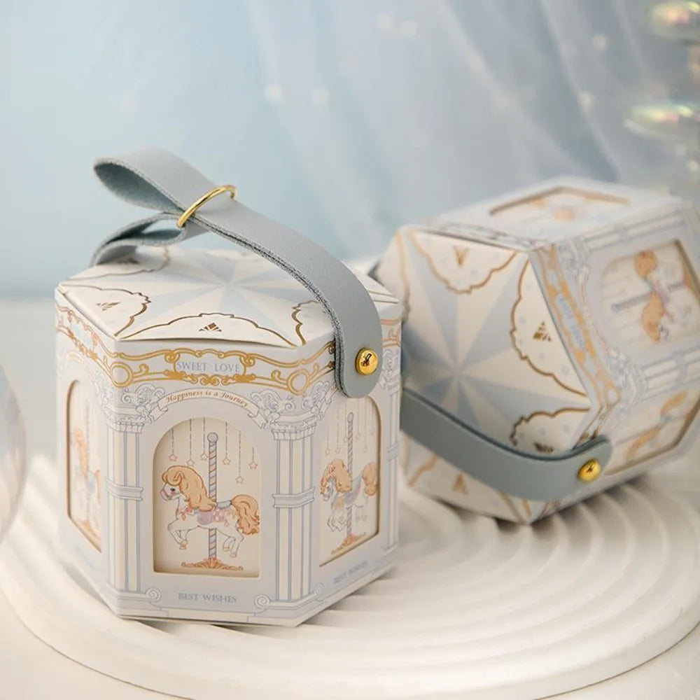 Beautiful Carousel Gift Box Leather Handle Wedding Candy Box Elegant Handheld Gift Bag Birthday Candy Tote Bag Decoration