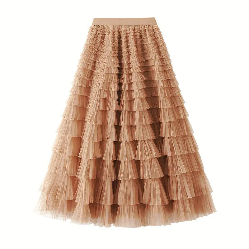 New Arrival 2025 Tulle Cake Long Skirt Women Spring Summer Ruffle Pleated A-Line Chic Skirt Ladies Sweet Black White Tutu Skirts