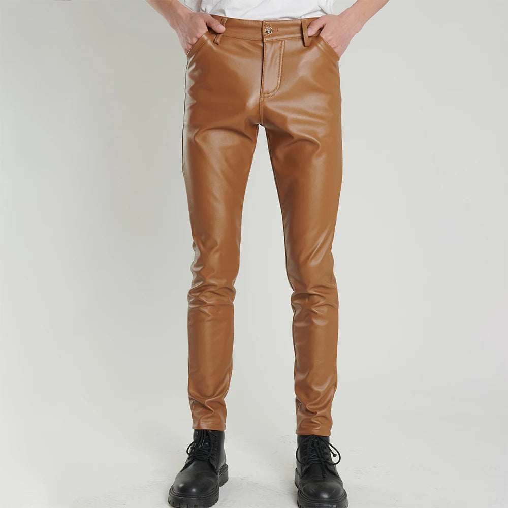 Spring Autumn Men's Leather Pants Skinny Fit Elastic Fashion PU Leather Trousers Punk Cosplay Dance Pants