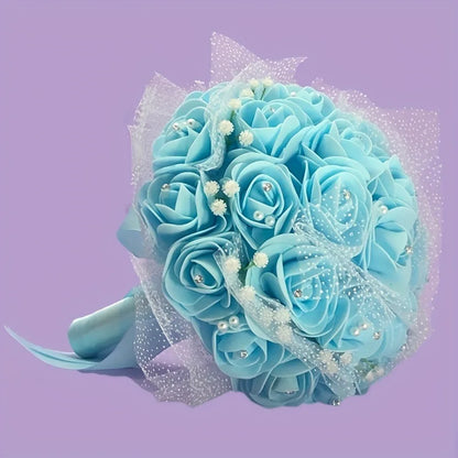 1pc Blue Artificial Rose Bouquet, Real Touch Hydrangea Bouquet, Wedding Engagement Birthday Bride Decoration Bouquet