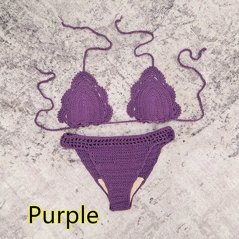 3 Piece Hand Crochet Beach Bikini Set Women Swimwear Cover UP Mini Skirt Swimsuit Suit