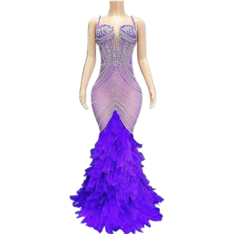 Luxury Pearls Grand Feather Sexy Floor-Length Dress Evening Party Performance Costume Bar Nightclub Singer Dancer Stage Wea
