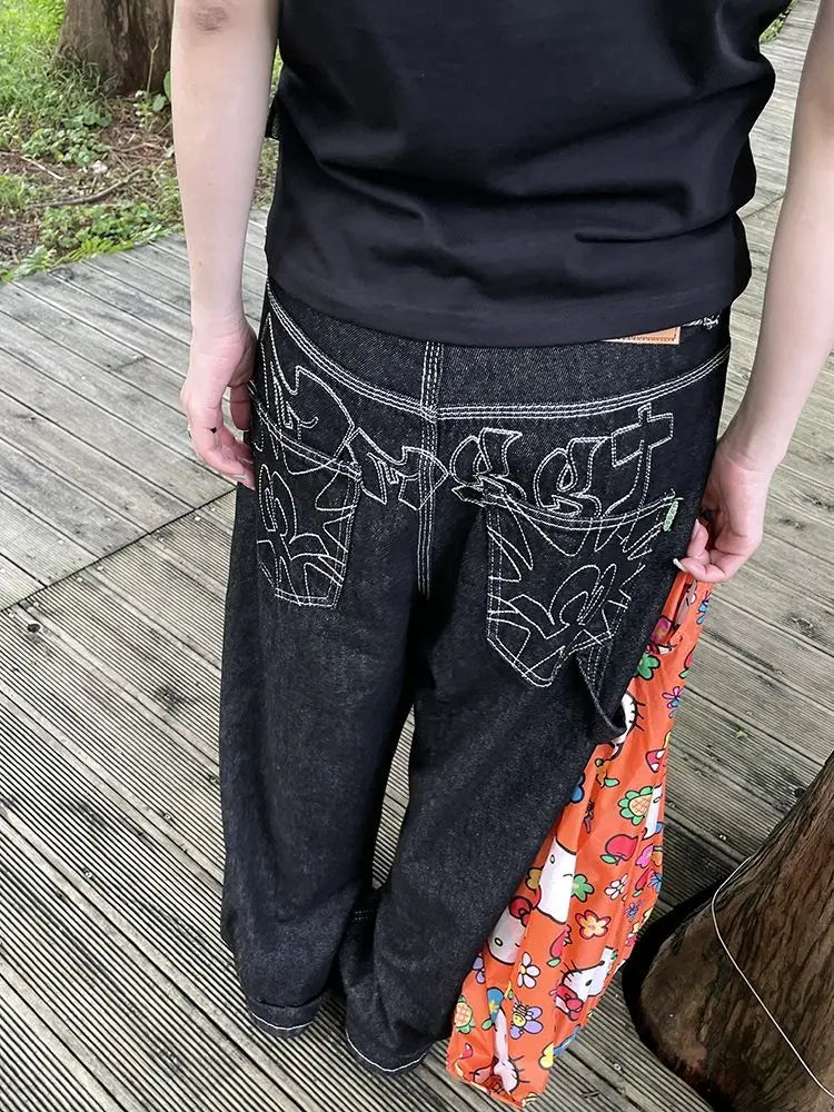 Gidyq Vintage Embroidery Jeans Women Y2K Black Oversized Streetwear Grunge Baggy Denim Trousers Boyfriend Jeans Hip Hop Gothic