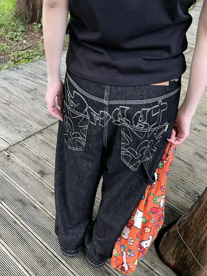 Gidyq Vintage Embroidery Jeans Women Y2K Black Oversized Streetwear Grunge Baggy Denim Trousers Boyfriend Jeans Hip Hop Gothic
