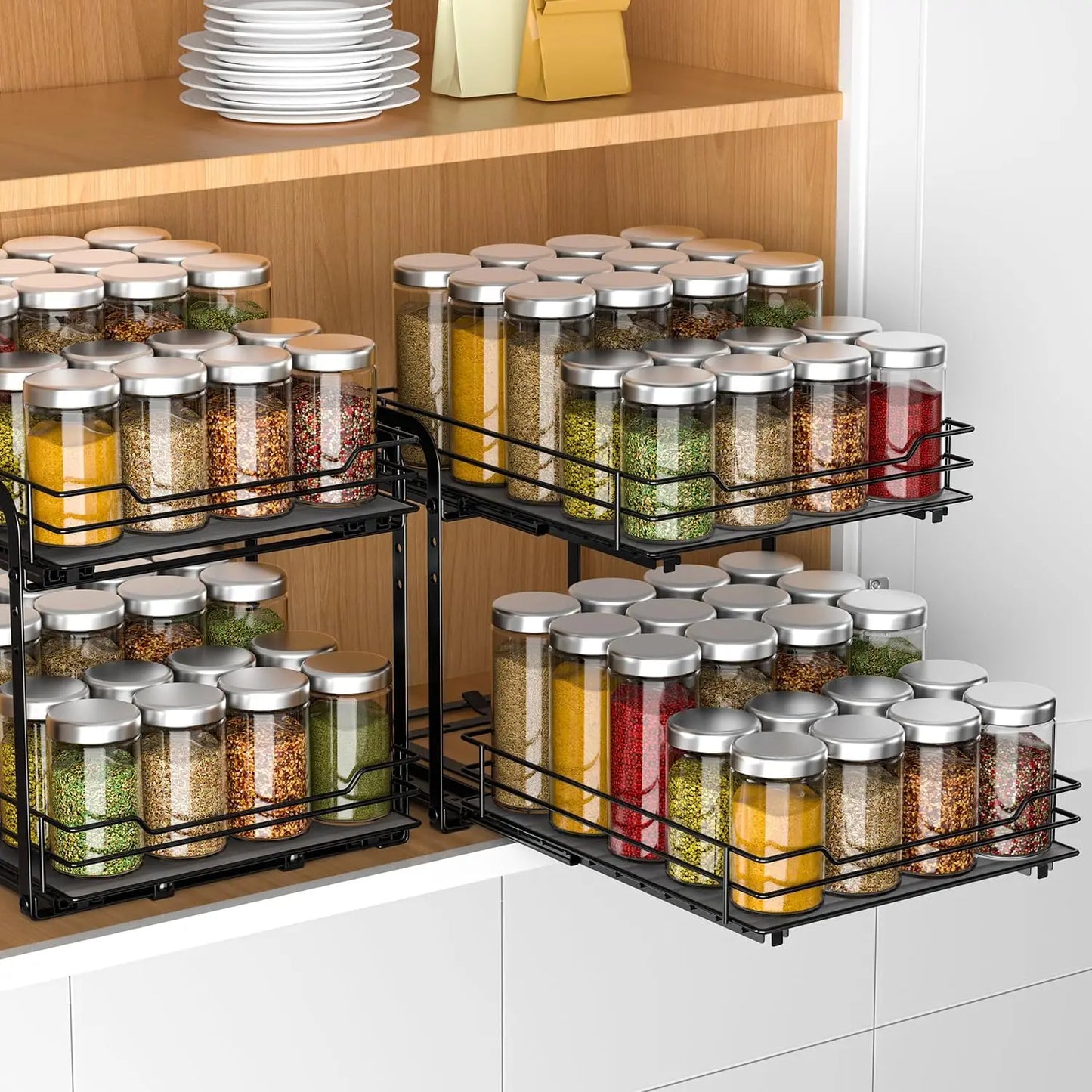 Floor Guard Spice Rack Organizer for Cabinet Black 2 Tier Pull Out Spice Racks for Height Adjustable Kitchen Storage Rack