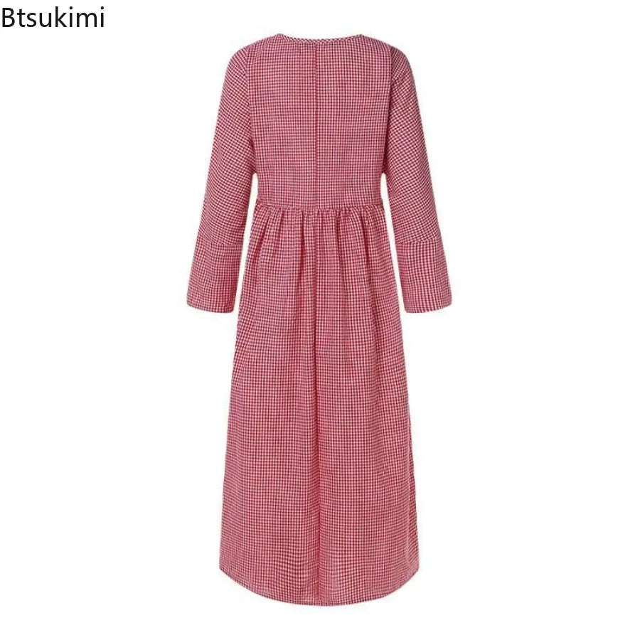 2025 Vintage Plaid Maxi Dress Women's New Cotton Linen Sundress Casual O-neck Long Sleeve Vestidos Females Check Long Skirt Robe