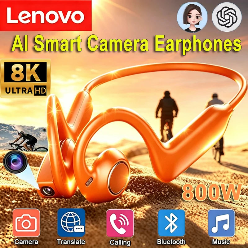 Lenovo 4K Smart Headphones 8MP Camera Translation Chat WIFI Video Recording Bluetooth 5.4 Sports Earphones for Sports Cycling