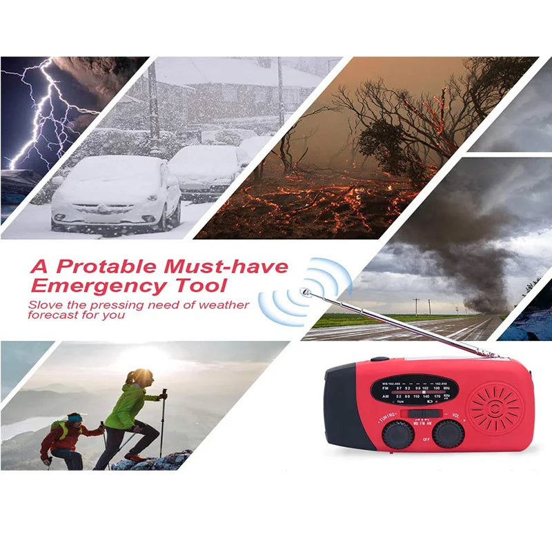 Portable Multifunctional Hand Radio Crank Dynamo Solar Powered Weather Radios NOAA/AM/FM Emergency LED Flashlight Power Bank