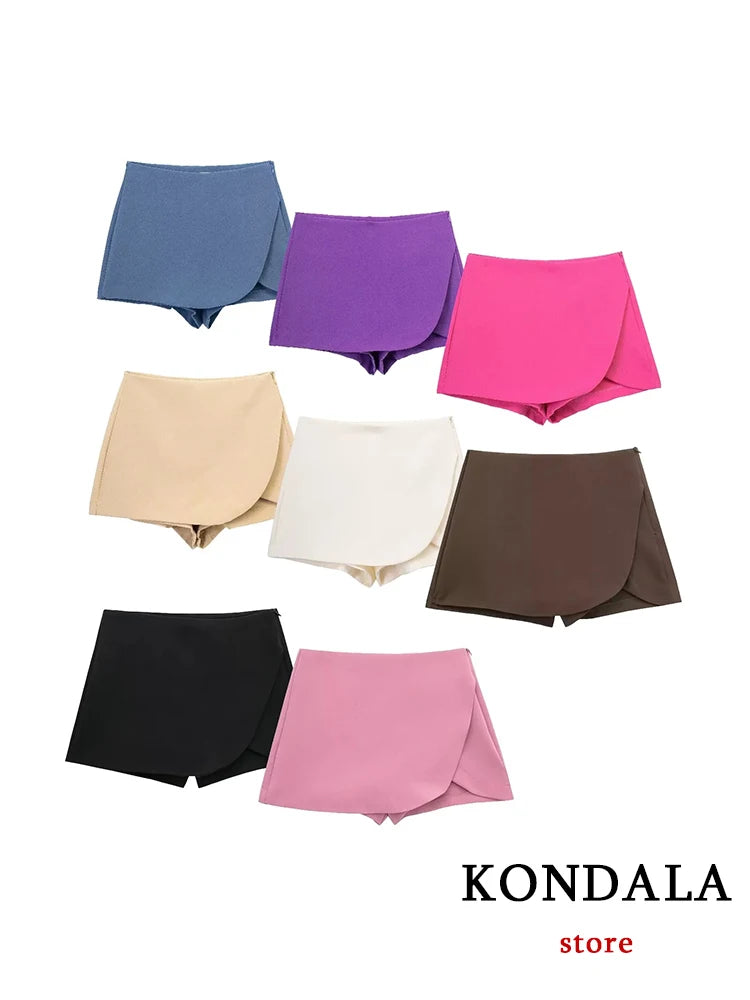 KONDALA Women Fashion 2025 Casual Mini Asymmetrical Skirts Shorts High Waist Back Pockets Wide Leg Skirts Zipper Female Shorts