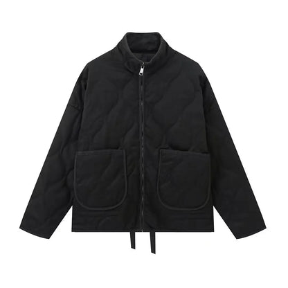 Women's Cotton Padded Jacket Winter Long-Sleeved Pocketed Loose Stand Collar Zipper Solid Color Coat Street Style Fash