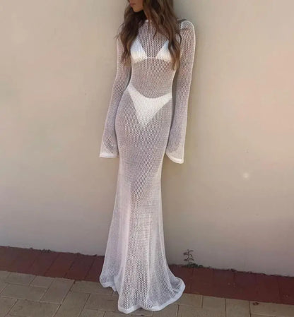 Kintted Beach Cover Up Women Sexy Long Bikini Dress Beachwear Crochet Backless Long Sleeve Hollow Beachdress Female Swimsuit
