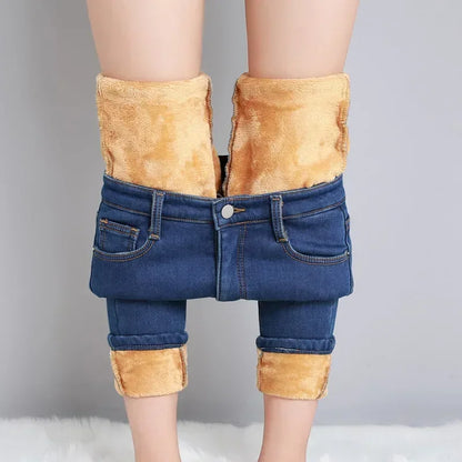 Winter Women Chic Fleece Thermal High Waist Jeans Lady Snow Warm Plush Denim Pants Girls Classic Fashion Straight Leg Trousers