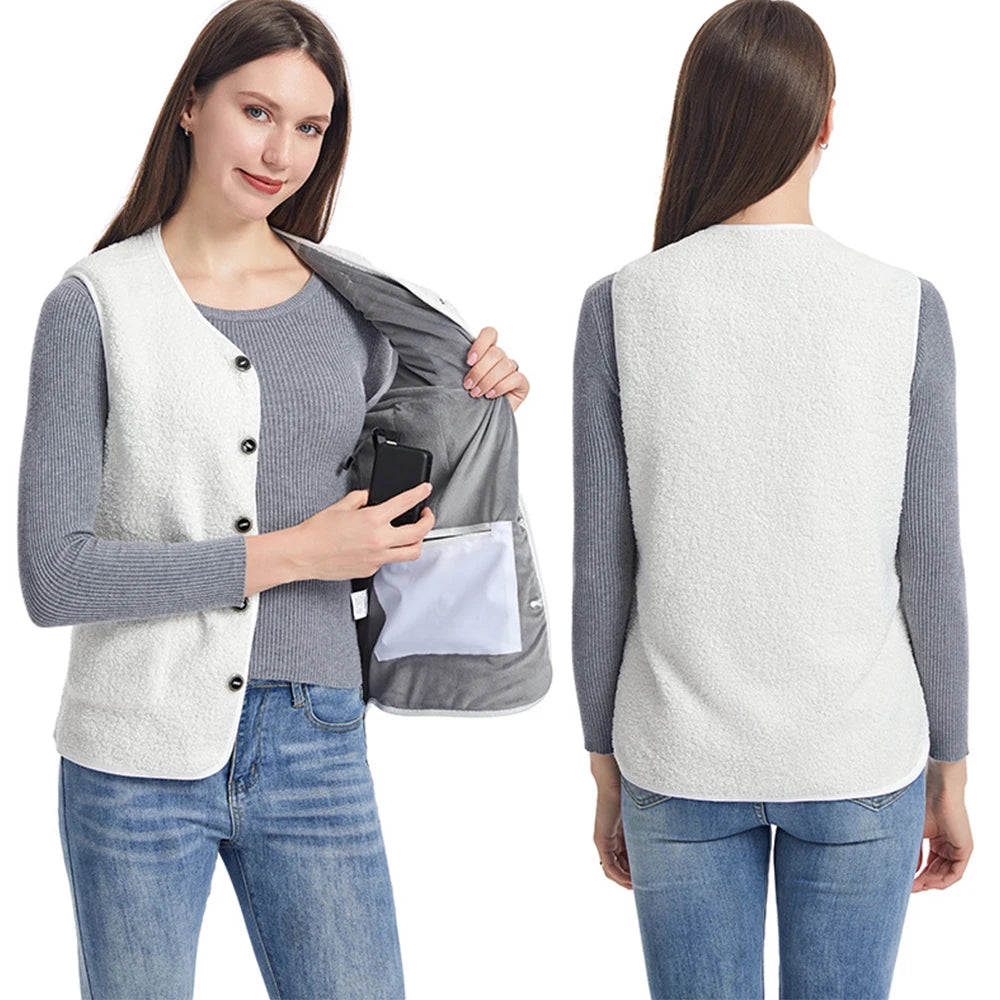 16 Areas Heated Vest Women Electric Heated Jackets Teddy Velvet V-neck USB Electric Temperature Control Winter Thermal Warm Vest