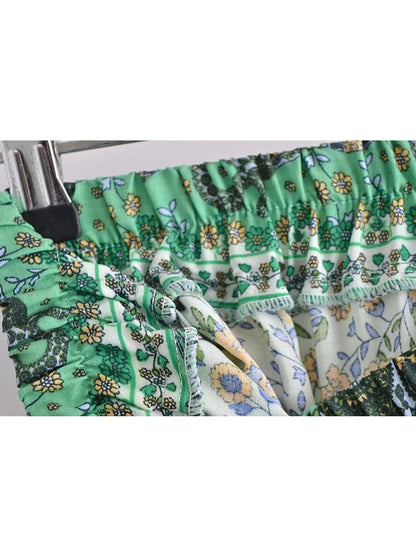 Women Vintage Summer Ruffles Tassel Pleasted Bohemian Skirt Green Floral Printed Rayon Lady Bottoms Boho Mini Skirts