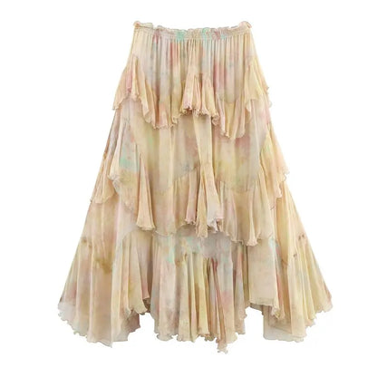 Summer 2025 Long Printed Layered Decorative Skirt Women's Faion Design High Waist Midi Skirt Floral Patterned Skirts