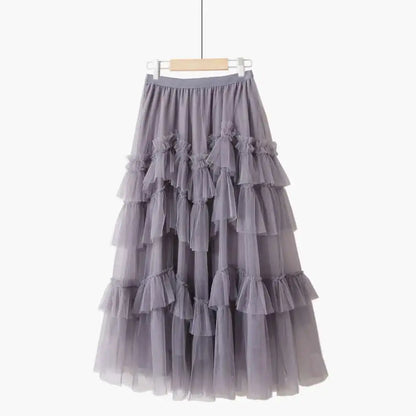 XFPV 2025 Autumn Summer Fashion Elegant Purple Cake Skirt Women Ruffles All-Match Mesh Stitching High Waist Midi Faldas SM1982