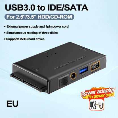 3-in-1 External Hard Drives Reader USB 3.0 to SATA/IDE Adapter for 2.5-inch and 3.5-inch HDD/SSD with 12V/2A Power Supply