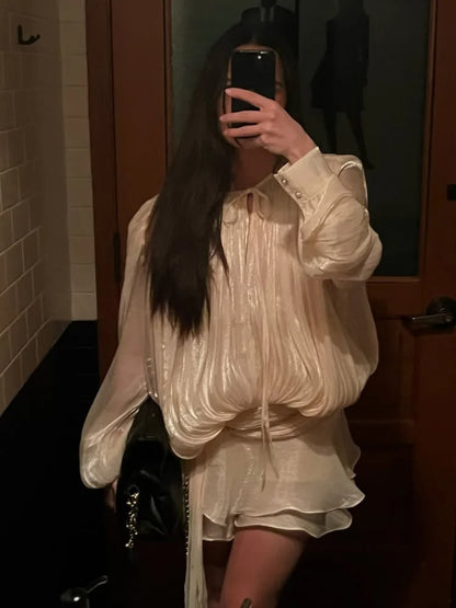 Elegant Blouse Mini Dress Women Loose V Neck Lace Up Hollow Out Dresses Female 2026 Spring New Long Lantern Sleeves Robe Lady