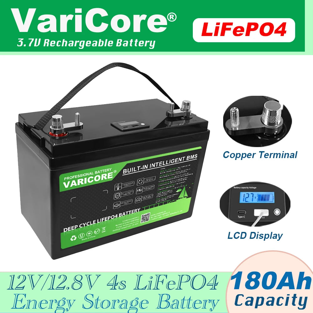 12.8V 180AH LiFePO4 Battery 12V 4s LED Display Lithium Power Batteries for Campers, Golf Cart, Off-Road, Solar & Wind Energy Sto