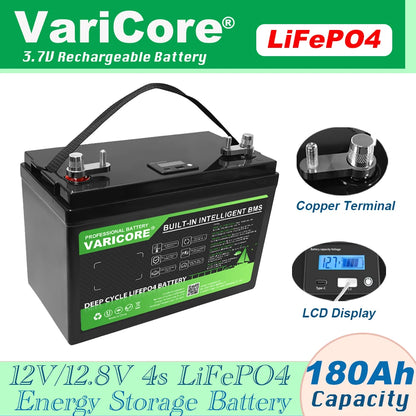 12.8V 180AH LiFePO4 Battery 12V 4s LED Display Lithium Power Batteries for Campers, Golf Cart, Off-Road, Solar & Wind Energy Sto