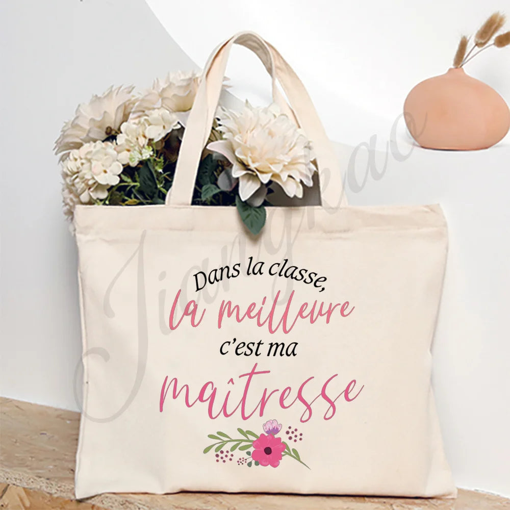 Thank You Teacher French Print Women Shoulder Bag CanvasShopping Bags Female Handbags Reusable Tote Bag Best Gifts for Maitresse
