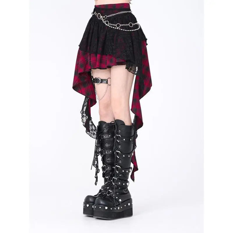Japanese Harajuku Lace Plaid Irregular High Waist Women Skirt Autumn New Gothic Mini A-line Skirt Fashion High Street Y2k Skirt
