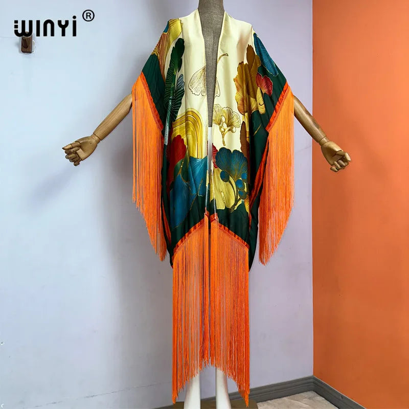 WINYI kimono cover-ups summer boho print Bikini Cover-up Elegant fashion Cardigan sexy Holiday long Sleeve tassels maxi dress