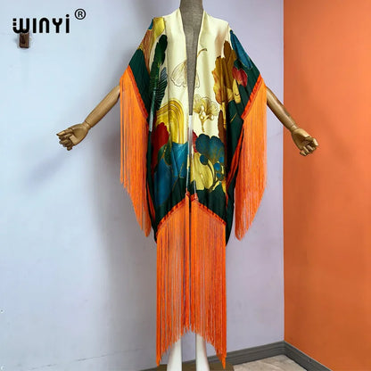WINYI kimono cover-ups summer boho print Bikini Cover-up Elegant fashion Cardigan sexy Holiday long Sleeve tassels maxi dress