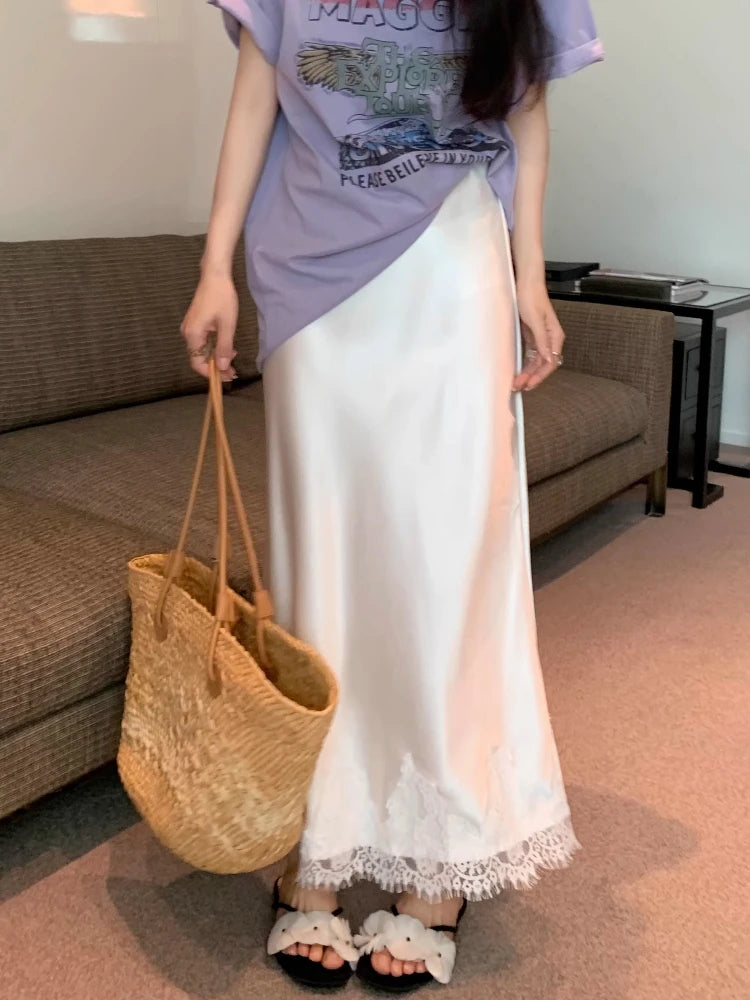 Elegant Long Skirts for Women Summer High Waist Lace Satin Skirt Women's A-line Korean Fashion Solid Color Loose Women's Skirt