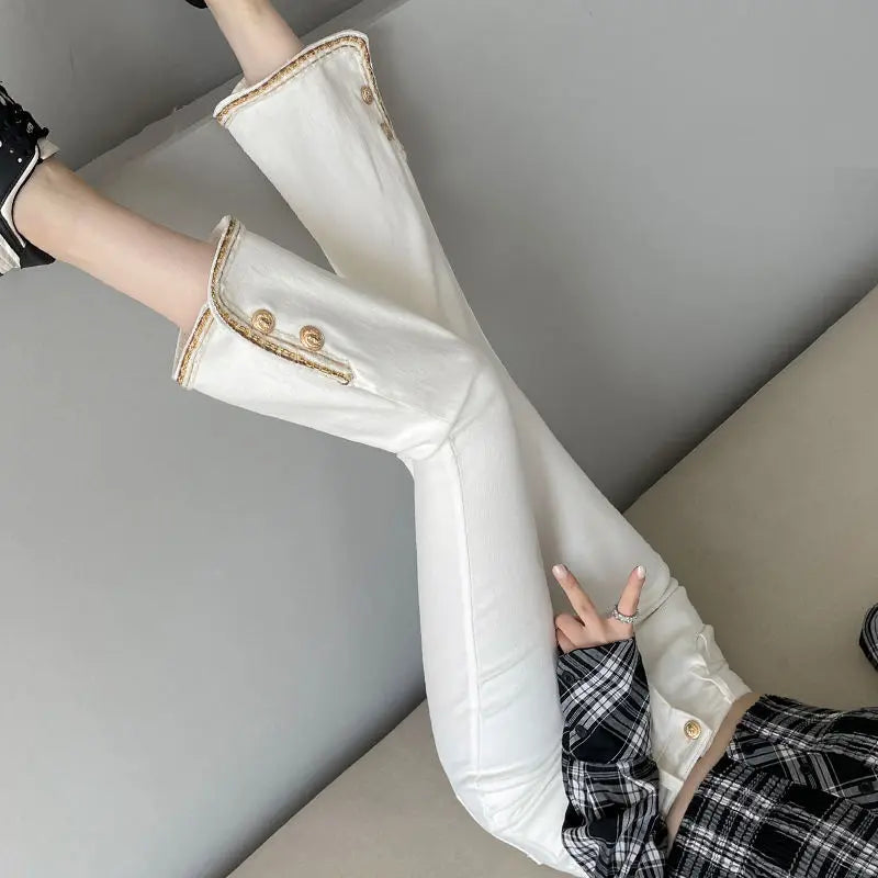 Spring New Flare Imitation Jeans Women Solid Button Zipper Patchwork Pocket Cotton Fashion High Waist Slim Fit Straight Pants