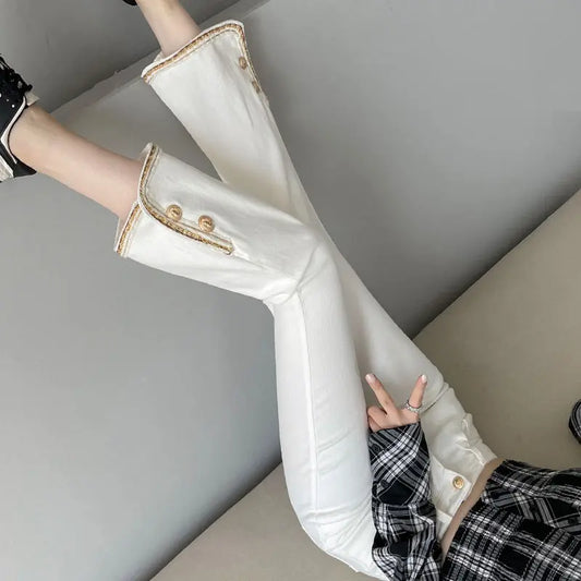 Spring New Flare Imitation Jeans Women Solid Button Zipper Patchwork Pocket Cotton Fashion High Waist Slim Fit Straight Pants