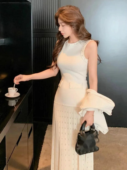 Pearls Decorated Women Round Neck Sleeveless Splicing Knitted Sweater Dress Elegant Or Short Knitted 2025 Spring New Women P8QA