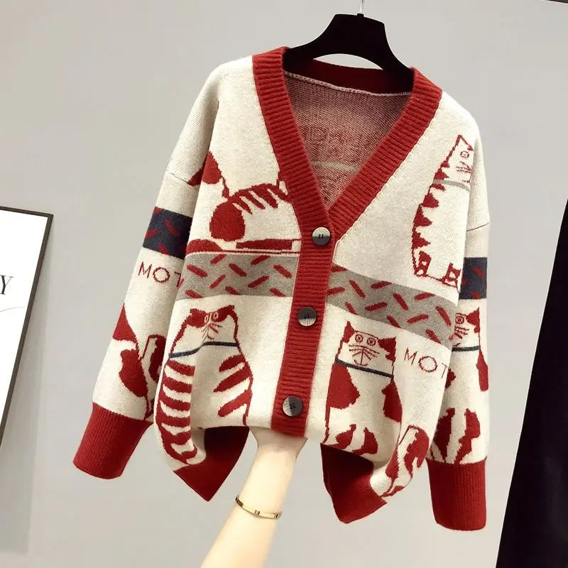 2023 Spring and Autumn New Cartoon Contrast Color Fashion Sweater Women's V-neck Knitted Cardigan Coat Trend