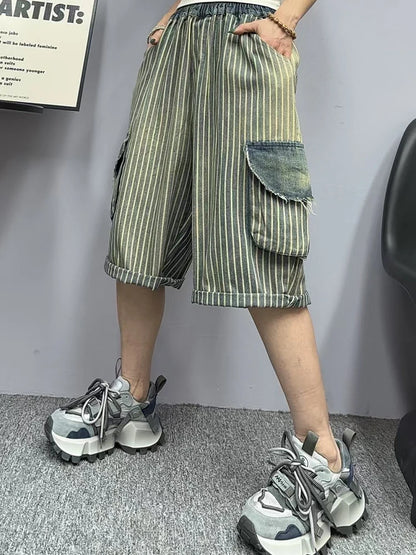 Amax luluE Summer Womens Fashion Striped Denim Pants Females Loose Leisure Elastic Waist Jeans Classic Vintage Luxury Trousers