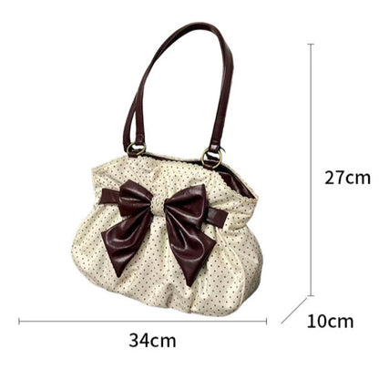 Chic Polka Dot Tote Bag Casual Commuting Vintage Women Handbags Shoulder Bag Versatile Large Capacity Dot Design Bow Sweet Bag