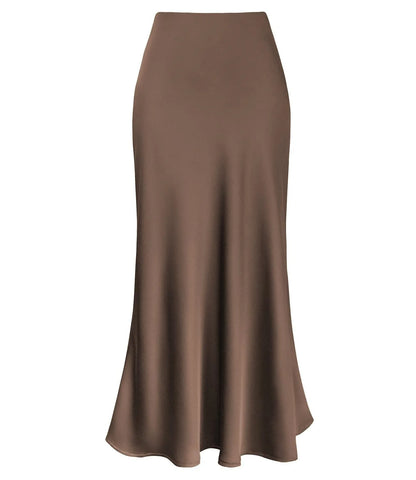 2025 Elegant Faux Silk Satin Skirts for Women High Waist A-line Office Lady  Solid Color Glossy Finish Fishtail Skirt