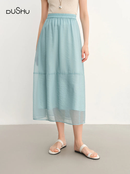 DUSHU 2025 Summer Women's High Waist Sheer Chiffon Skirt - A-Line Flowy Boho Skirt with Flattering Slimming Silhouette