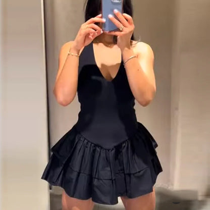 HXAO Off Shoulder Women's Dress Halter Solid Short Dresses 2025 Woman V Neck Layered Mini Dress Backless Party Dress For Women