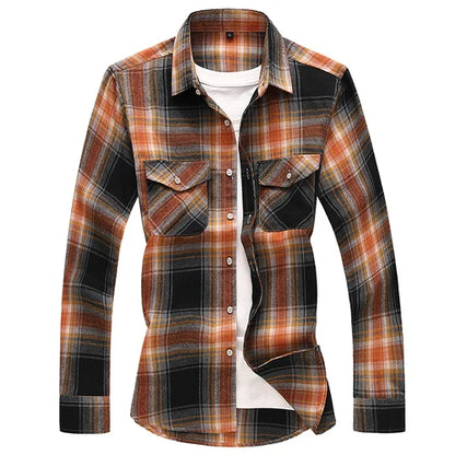 2026 New Men's Long Sleeved Plaid Shirt, with Two Chest Pockets Single Breasted Lapel Cotton Shirts Big Size Male Top Chemise