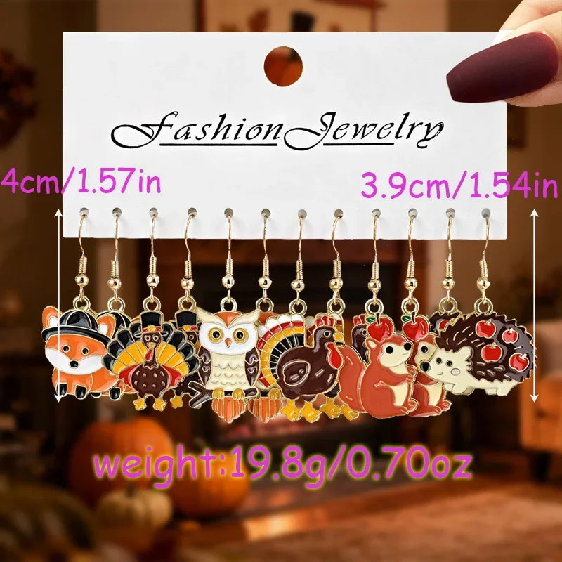 24/12PCS Retro Thanksgiving Earrings Turkey/Squirrel/Fox&Autumn Leaf Earring Set Round Earback Thanksgiving Gifts