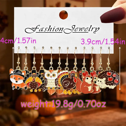 24/12PCS Retro Thanksgiving Earrings Turkey/Squirrel/Fox&Autumn Leaf Earring Set Round Earback Thanksgiving Gifts